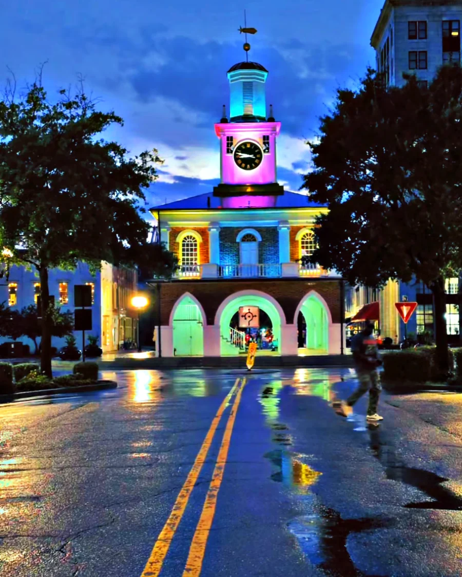 Downtown Fayetteville Market House illuminated after rain